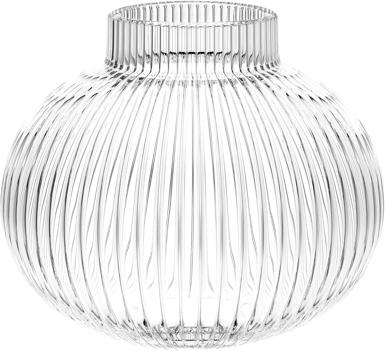 Round Glass Vase, Flower Vase for Bouquet, Ribbed Glass Vase, Fluted Vase, Clear Glass Vase for Tulips, Modern Glass Vase for Living Room, Office, Coffee Table, Shelf, Wedding, 6 Inches